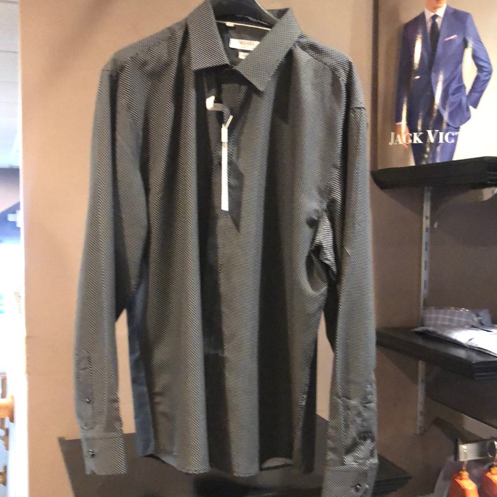 Monza Tailored Dress Shirt Black and White small polka dots .